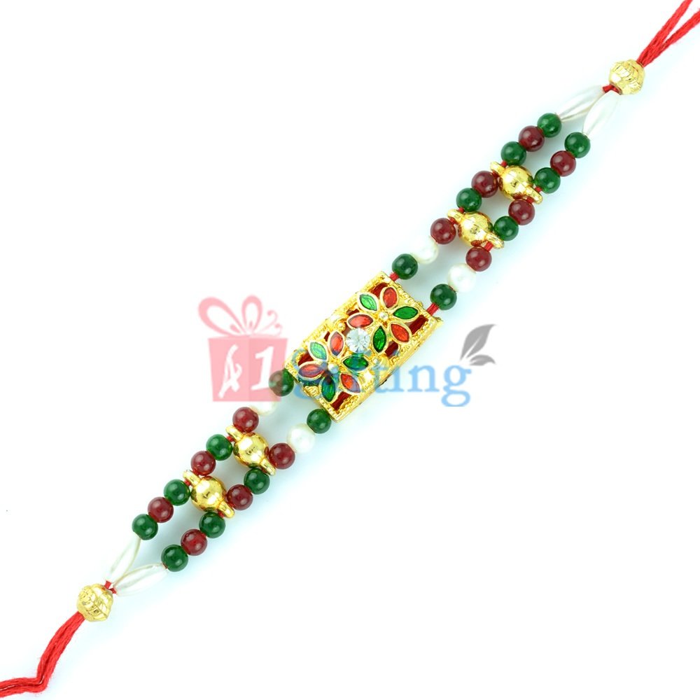 Unique Creation - Fancy Rakhi with Maroon and Pearl Beads