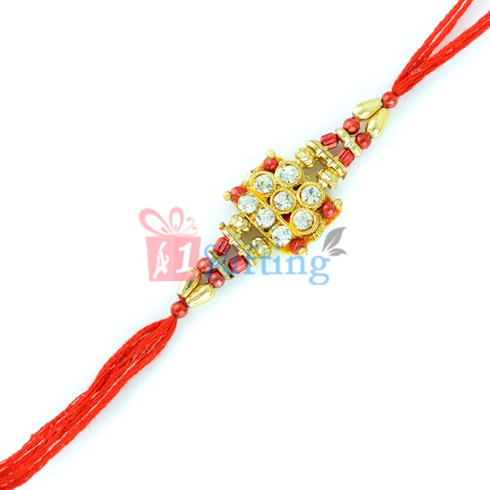 Golden Beads Rakhi with Diamonds - Fancy Bracelet for Brother
