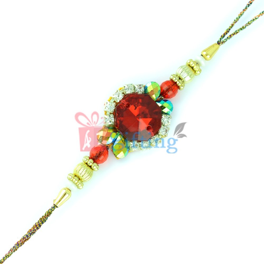 A Fine Creation with Red Stone - Golden Beads and Diamond Rakhi