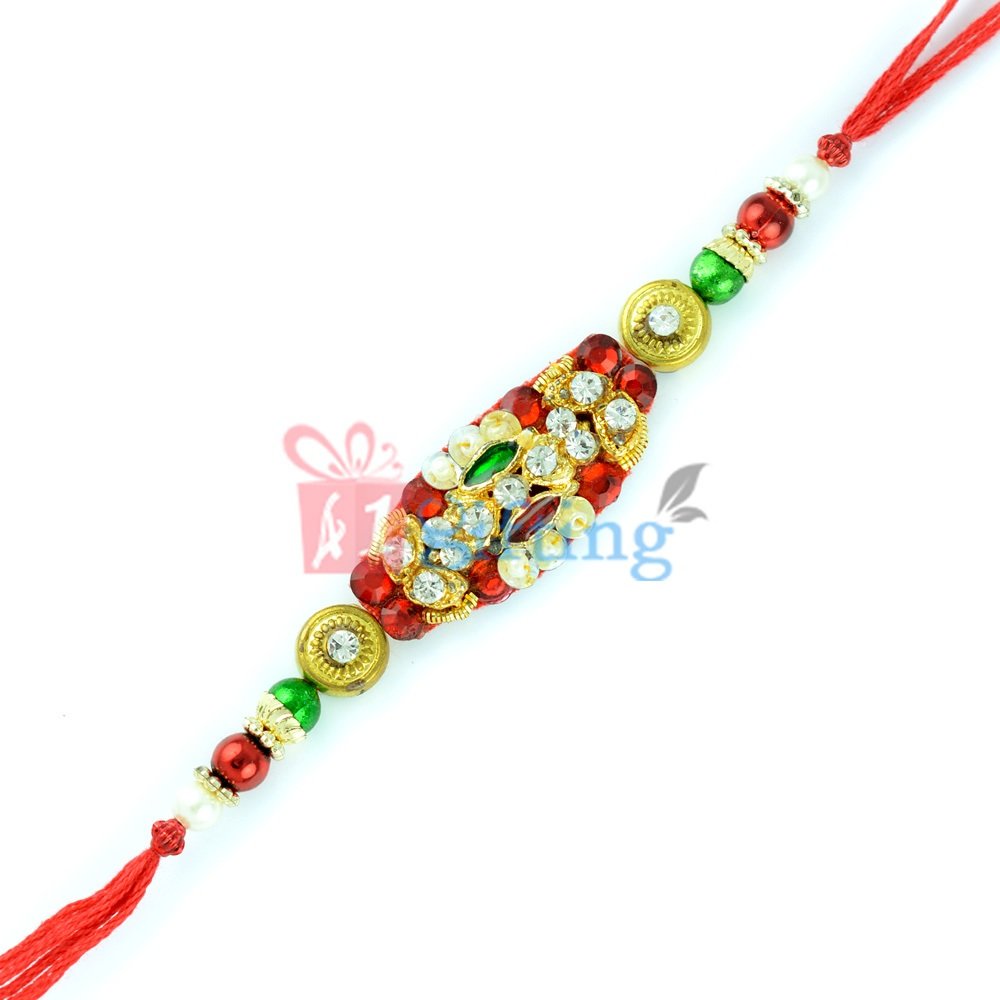 Exclusive Golden, Diamond, Pearls and Colorful Beads Fancy Rakhi
