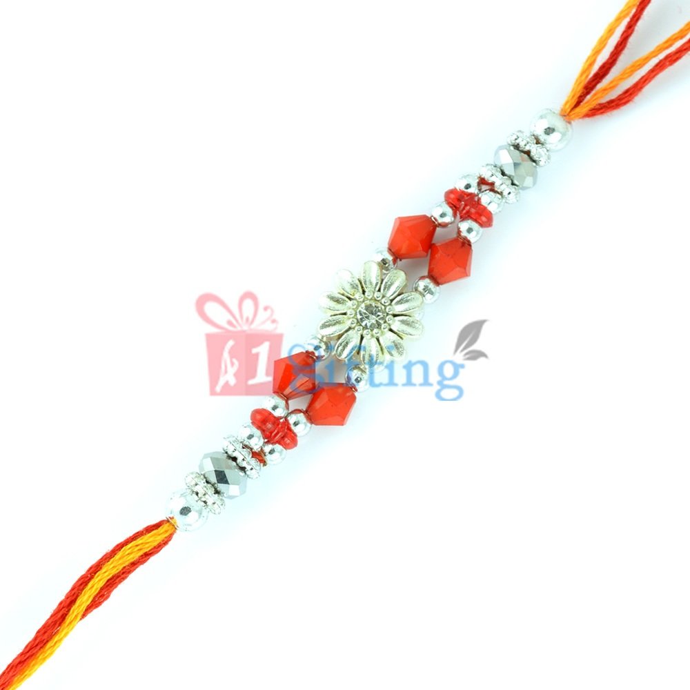 Silver Floral Designer Fancy Rakhi in Red Glass and Silver Beads