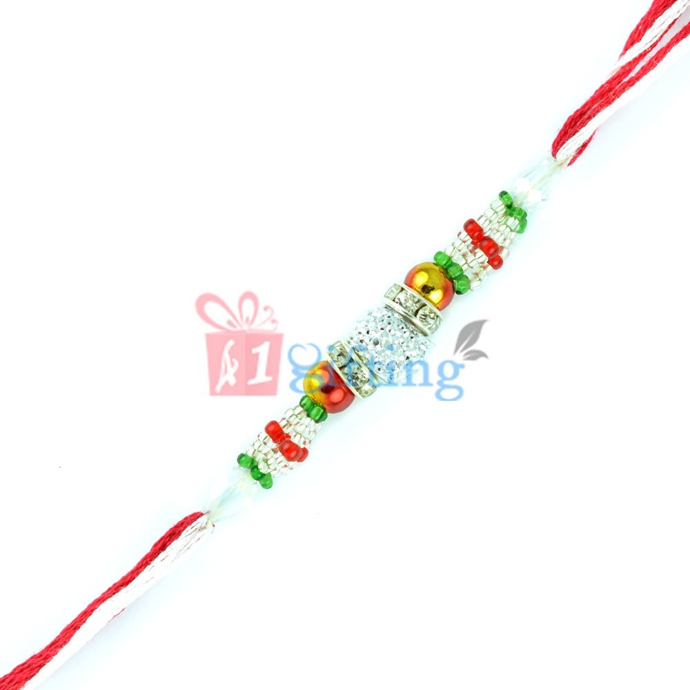 Silver, Crystal Clear Colorful Beads and Diamond Fancy Rakhi