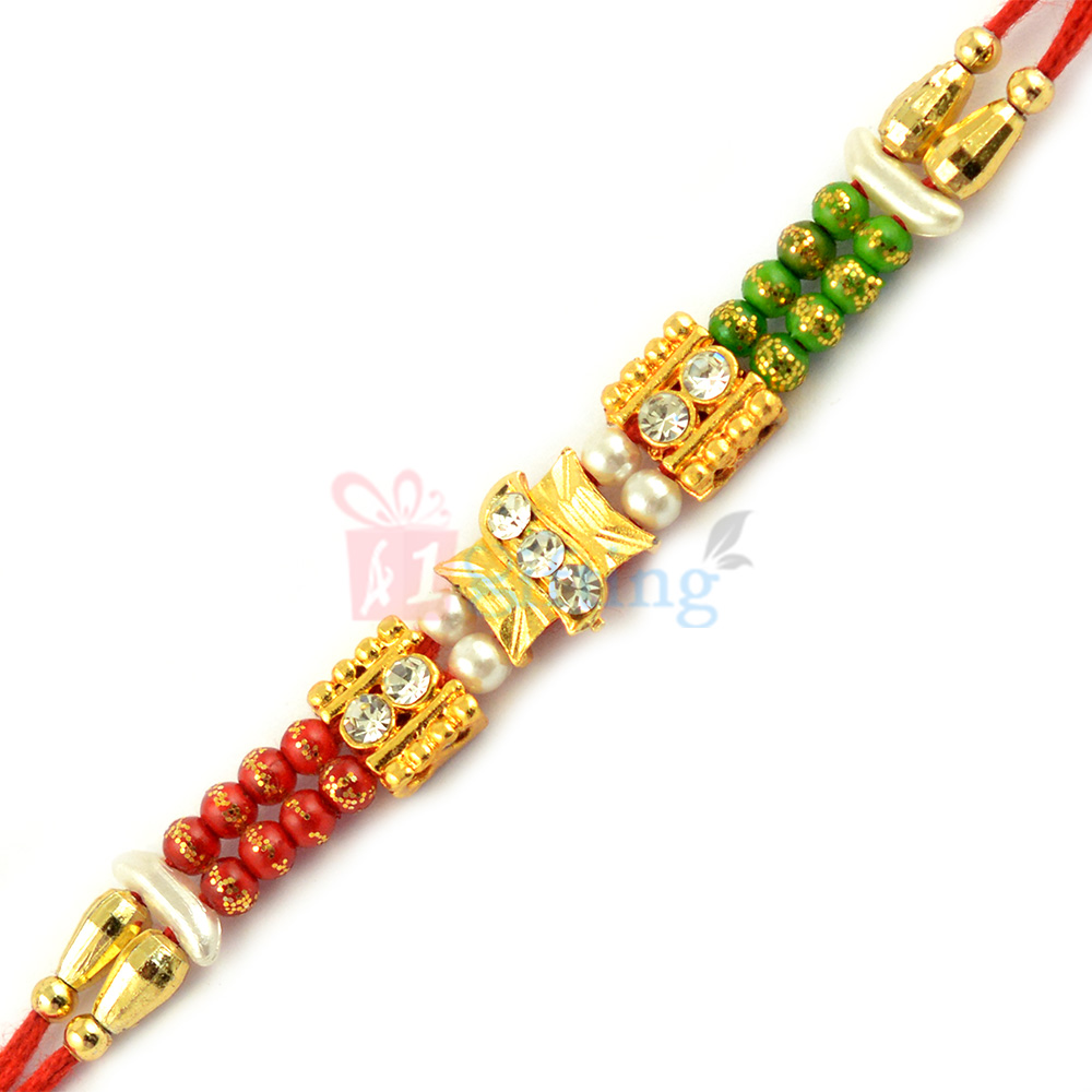 Red Green Beads Golden Diamond Fancy Rakhi