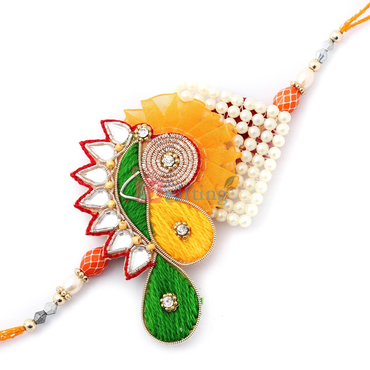 Flurry design of crystal and pearl with colorful thread work in fancy Rakhi