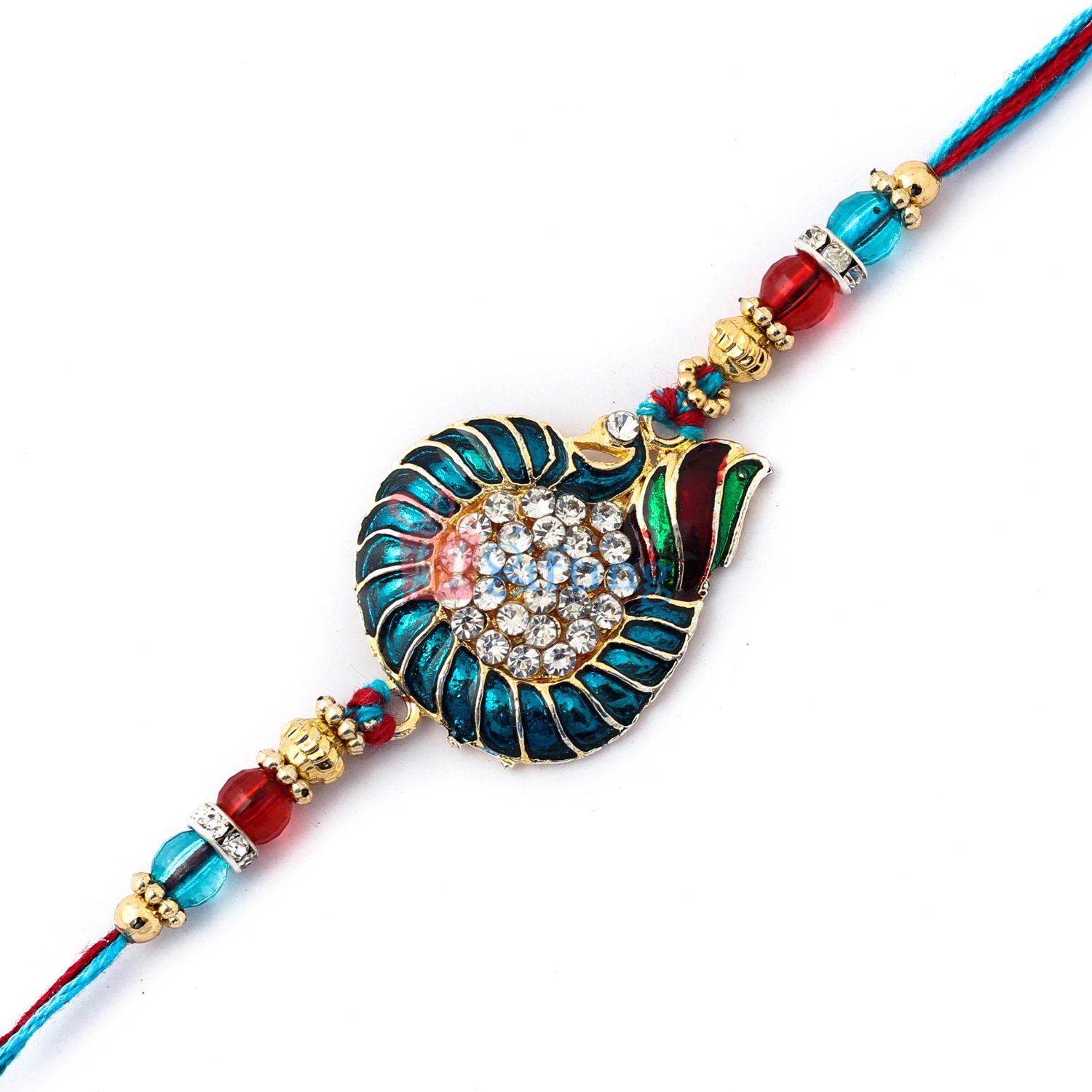Antique look of centered diamonds and peacock design and golden beads Rakhi