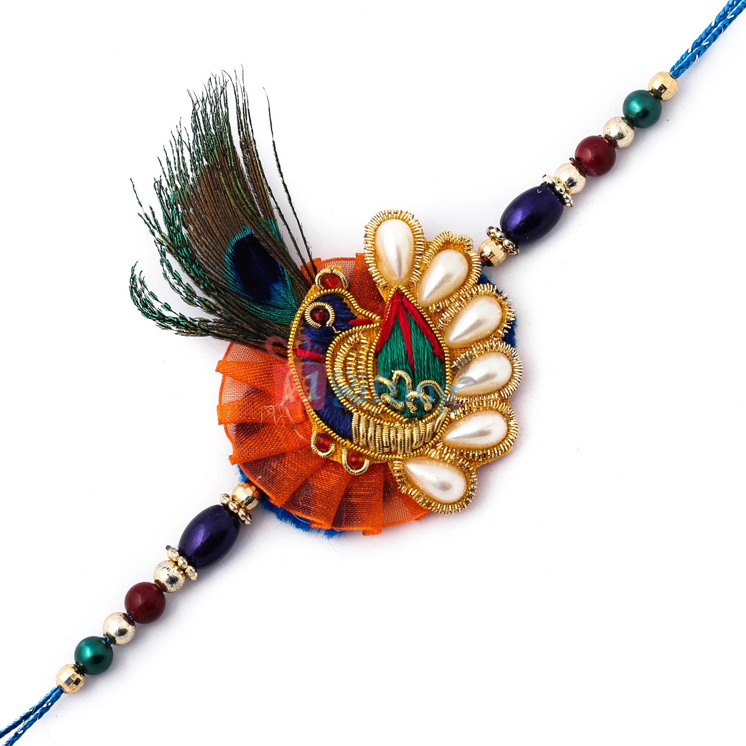 Amazing art of kundan and pearl with beads in peacock fancy Rakhi