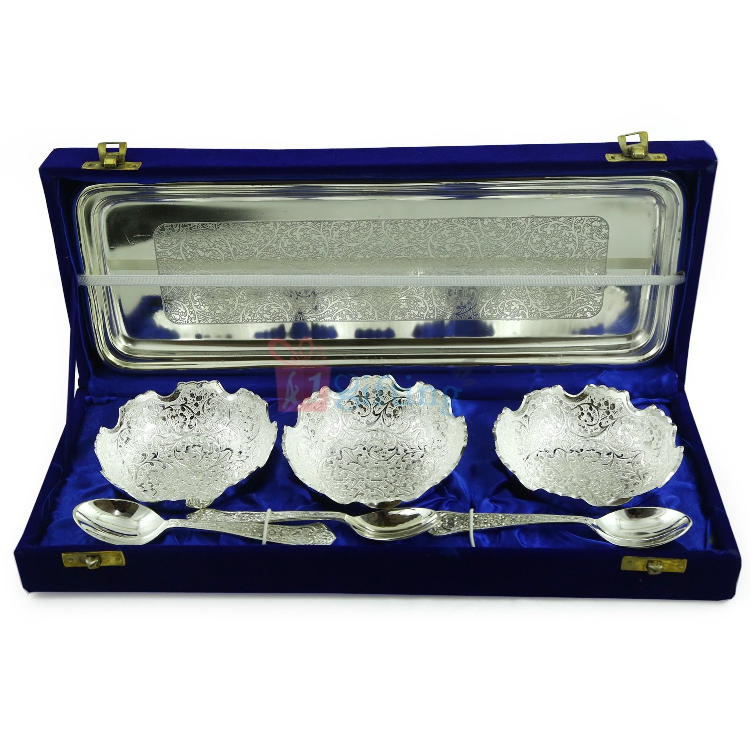 Bowl Gift Set of 3 with Spoon and Tray Silver Plated