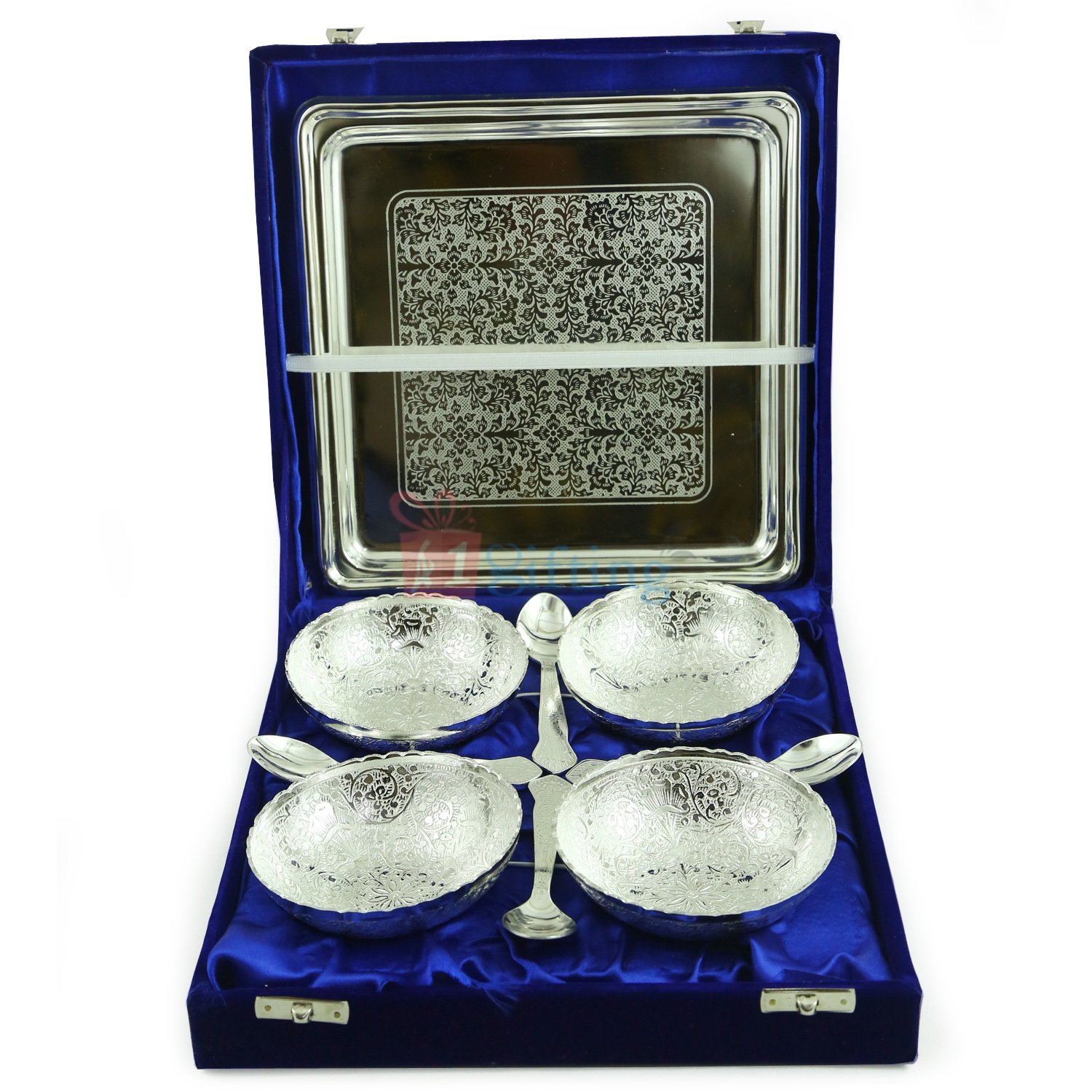 Bowl Set of 4 Silver Plated with Spoons and Tray