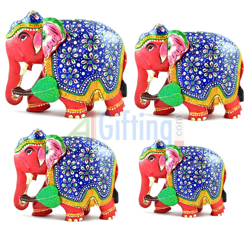 Beautiful Elephant Set of 4 Colored Traditionally Handcrafted