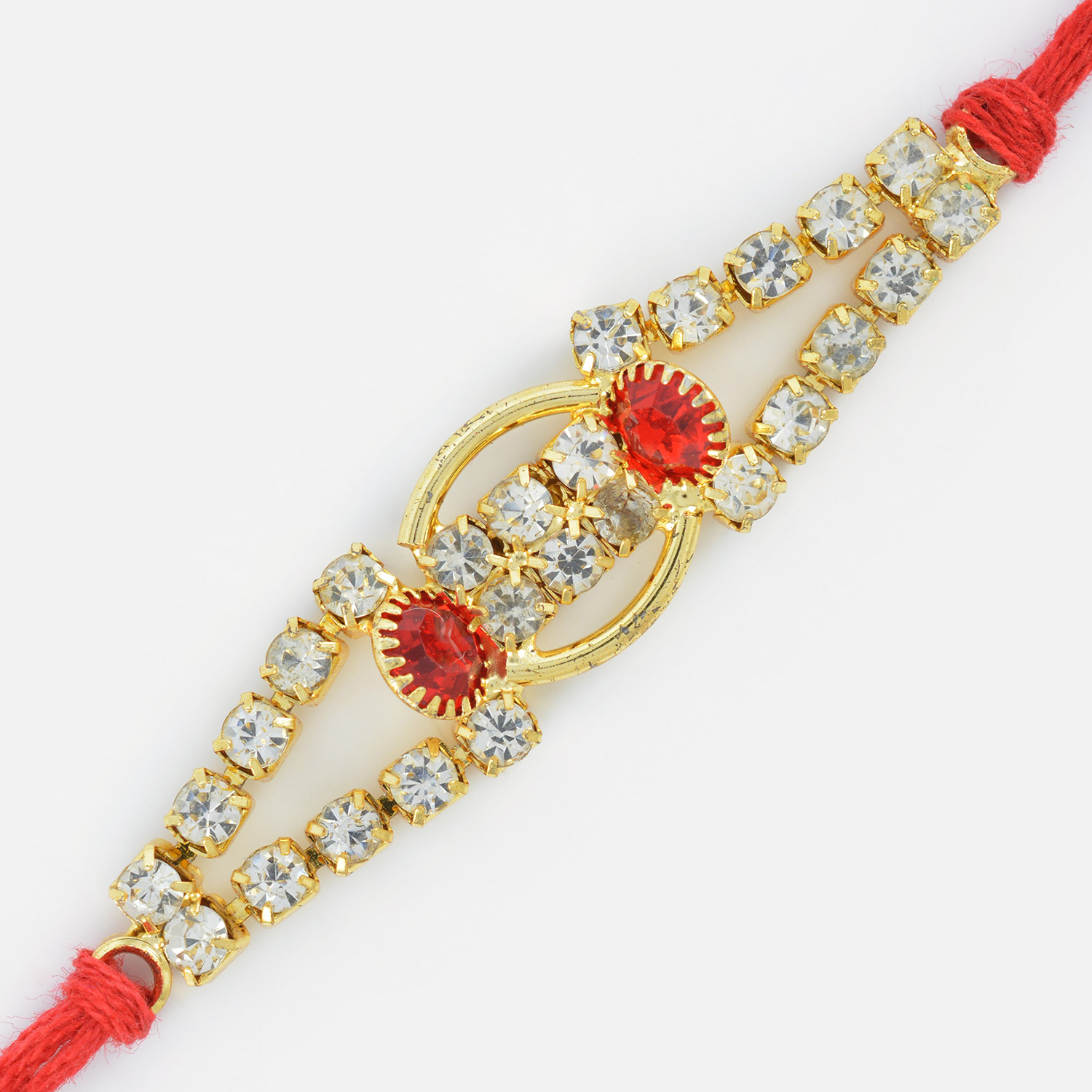 Amazing Two Red Diamond with Jewel Golden Rakhi