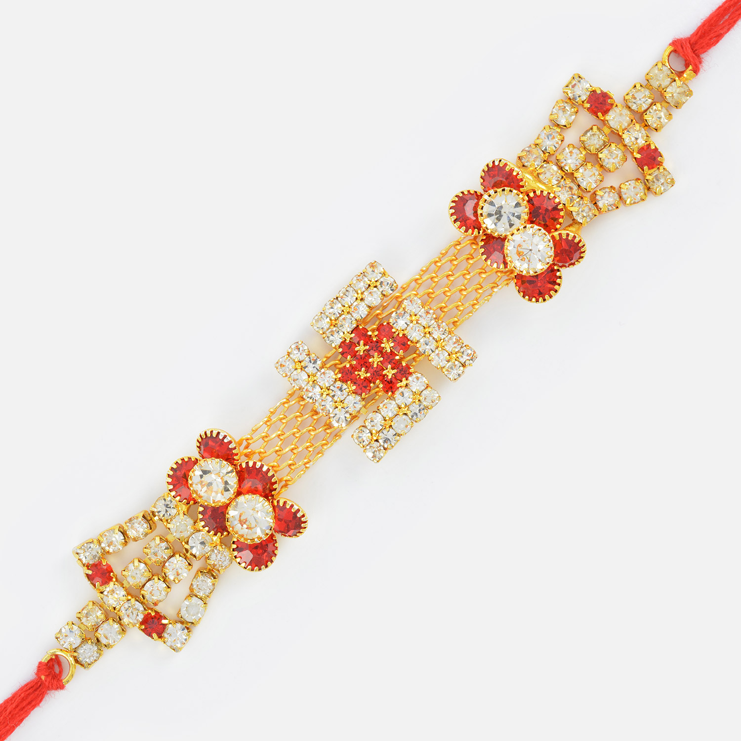Central Swastik Golden Rakhi with Diamonds and Jewels 