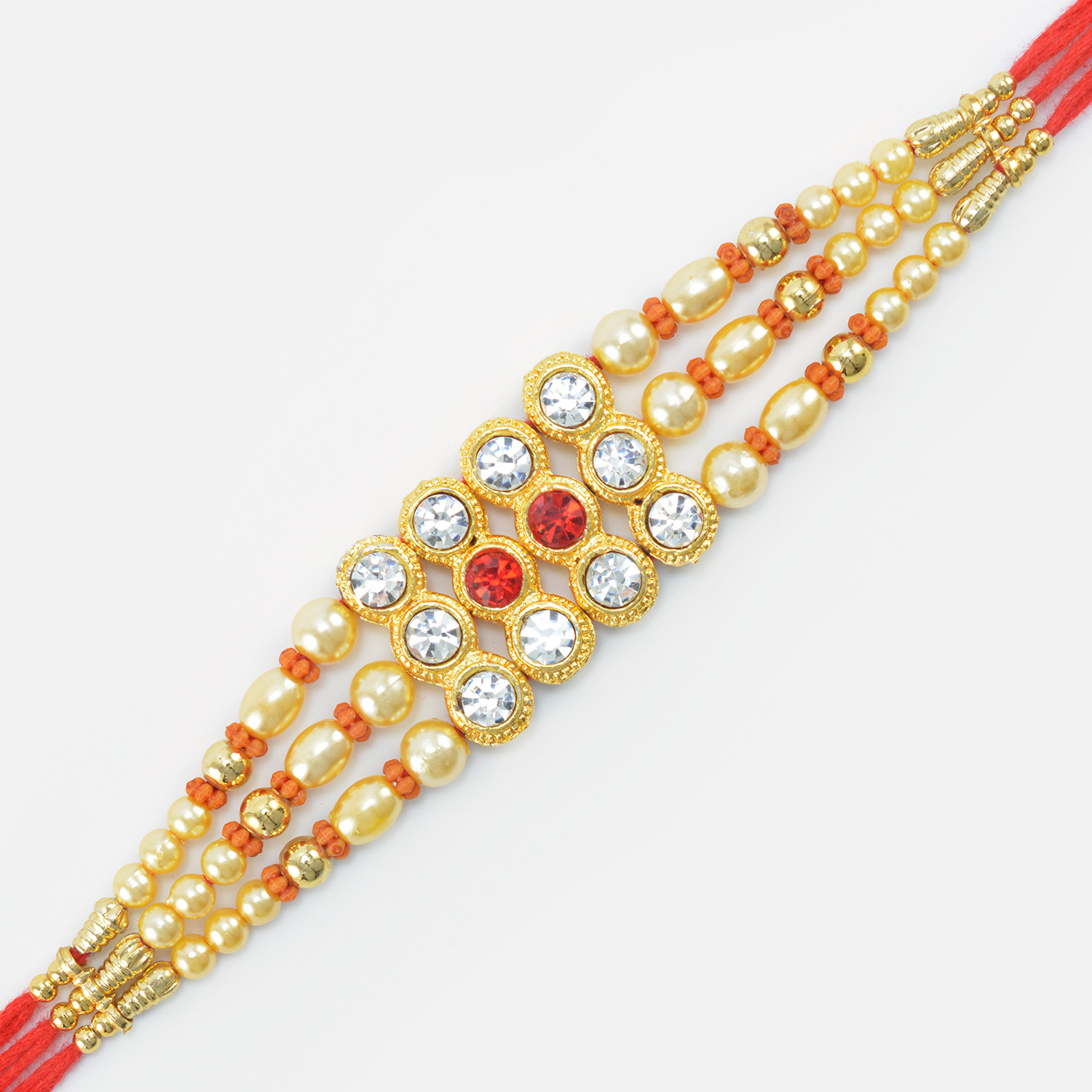 Multi Threaded Design Pearl and Beads in Mauli Small Jewel Studded Golden Rakhi