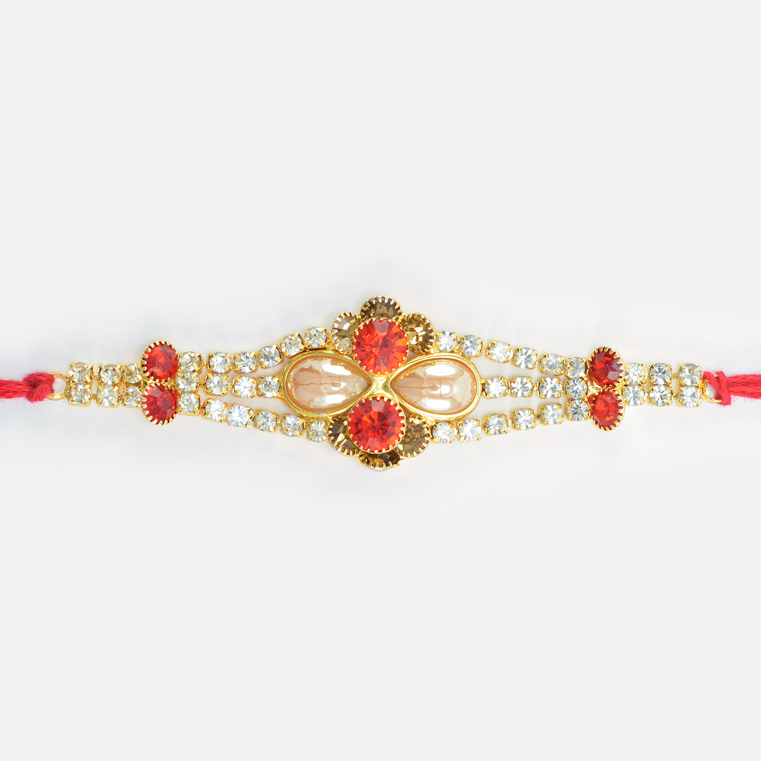 Red and Silver Jewel Studded Rakhi of Pearl and Jewels for Bhai