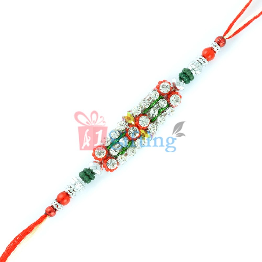 Multi Color Beads and Zari Work Diamond Rakhi for Brother