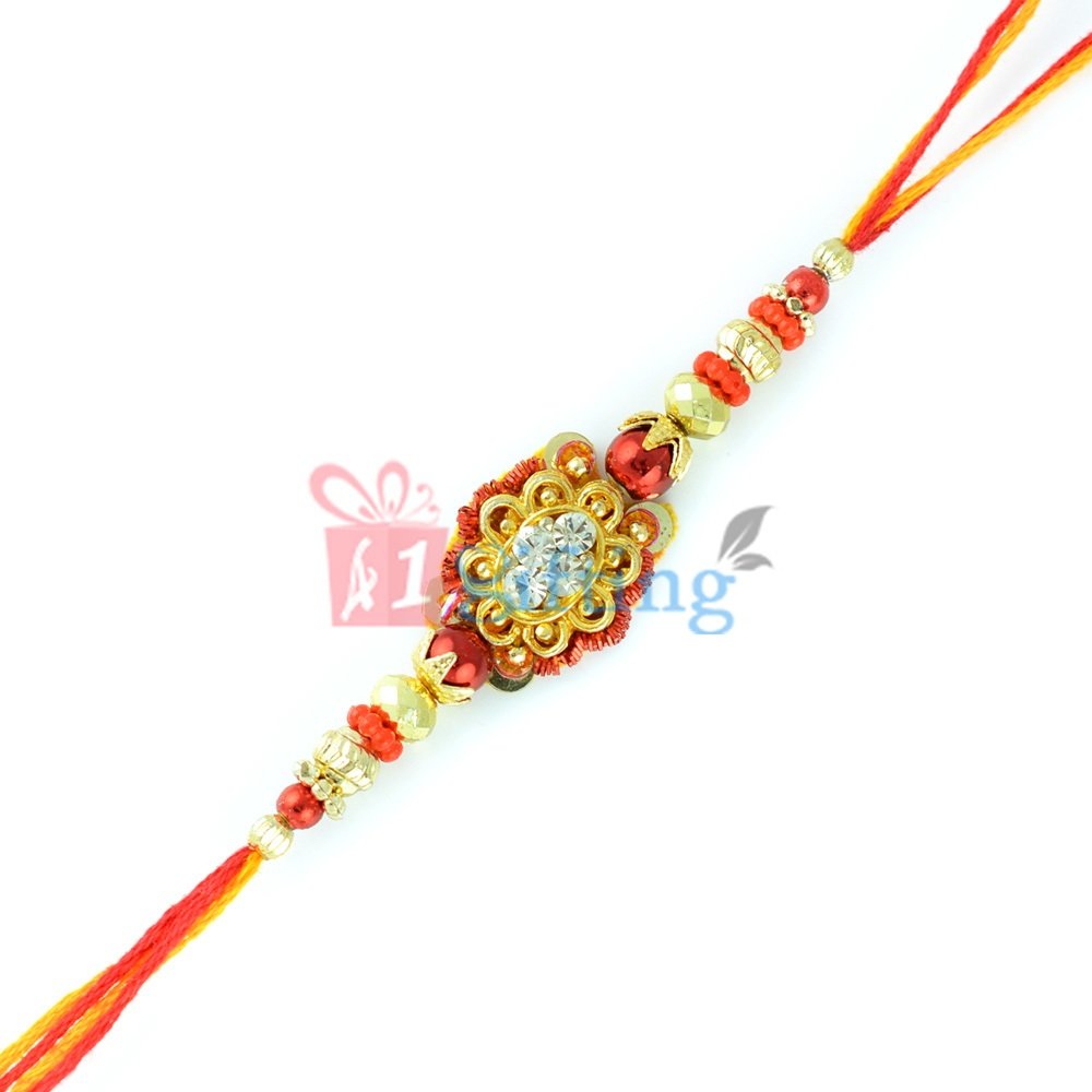 Mauli String Golden Beads and Golden Based Diamond Enriched Rakhi