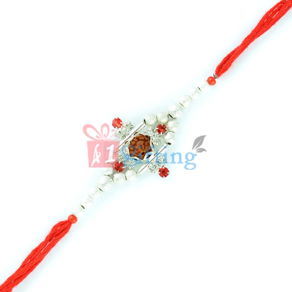 Auspicious Rudraksh with Silver Beads and Color Diamond Work Rakhi