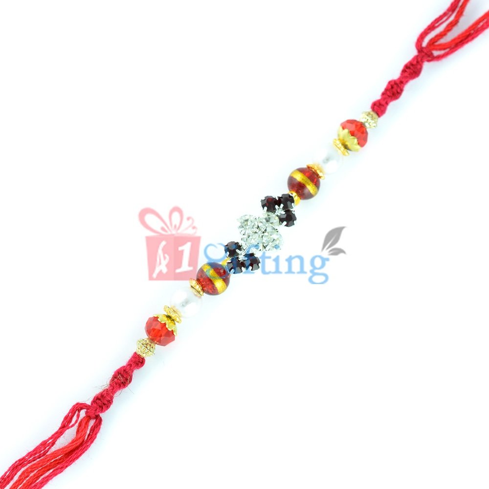 Ruby Touch Diamond Rakhi with Colorful Golden, Glass and Pearl Beads