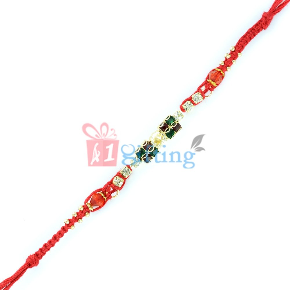 Red Knotted Rakhi Dori with Golden Ghunghuru Beads and Diamonds