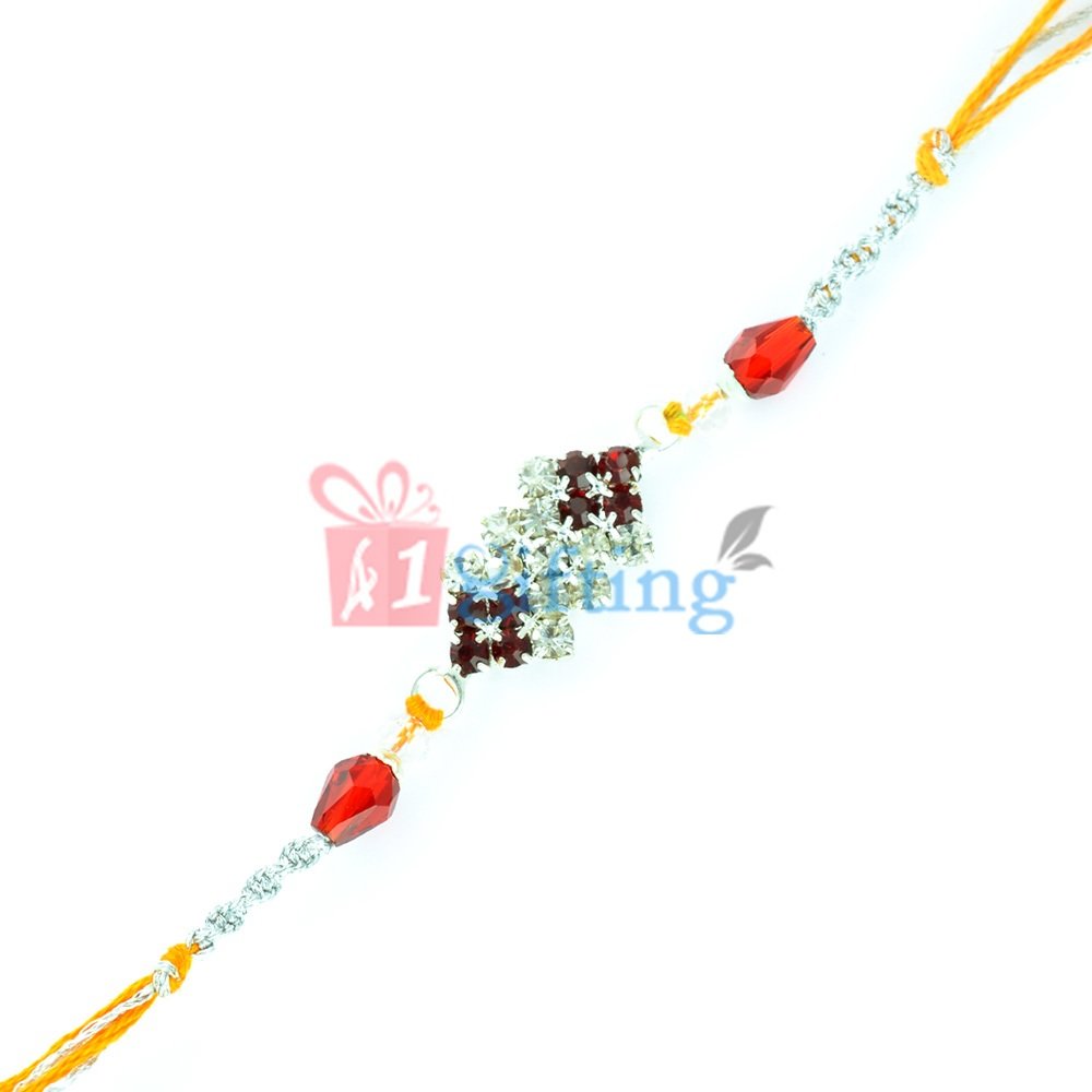 Red and White Diamond Rakhi with Crystal n Red Glass Beads