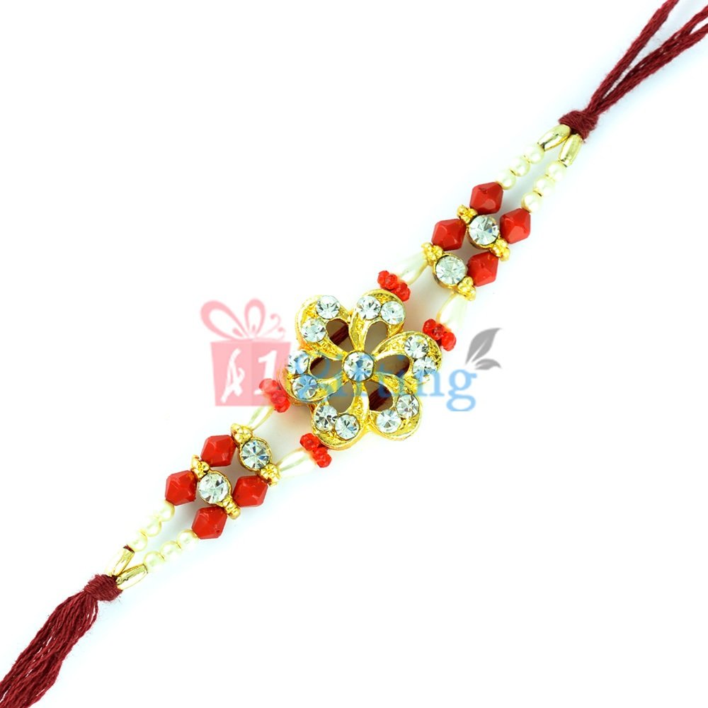 Golden Floral Design Base Pearl, Golden and Red Beads Diamond Rakhi