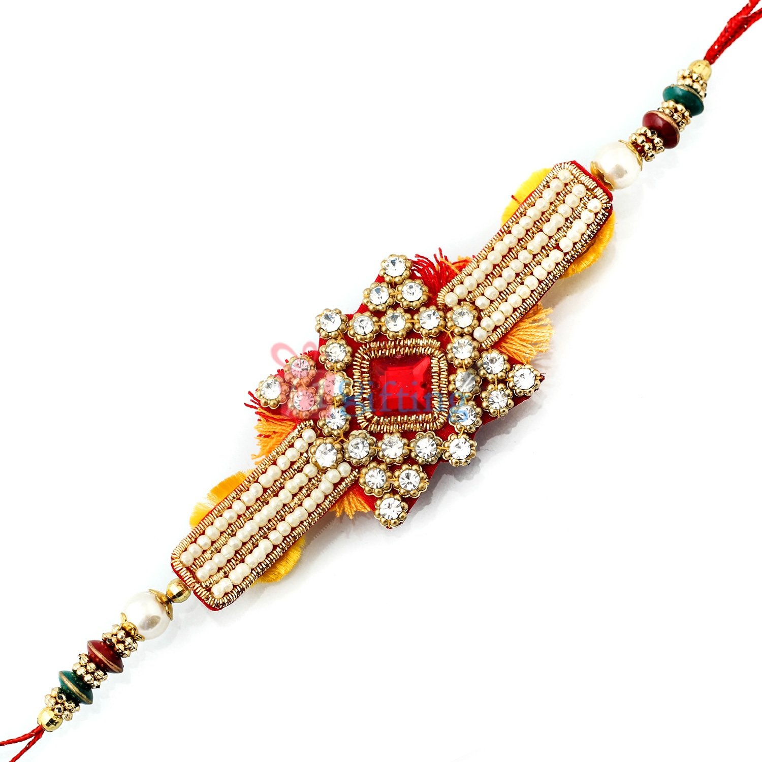 Beautifully designed with diamonds and ruby in center with pearls