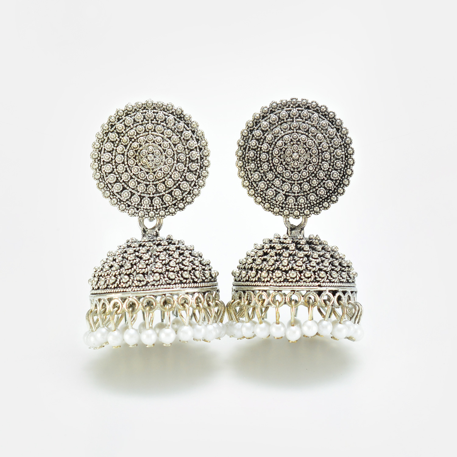 Silver Color Traditional Jhumka Set With Pearls