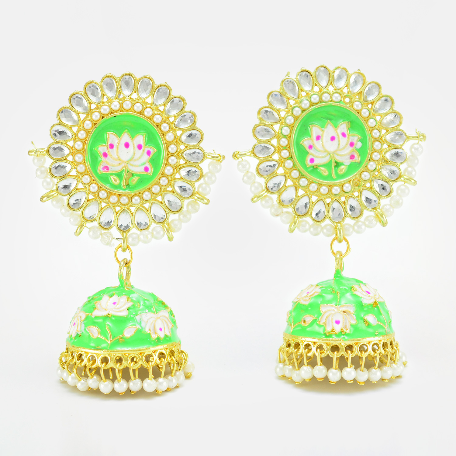 Golden Designer Kundan Jhumka Set With Pearls