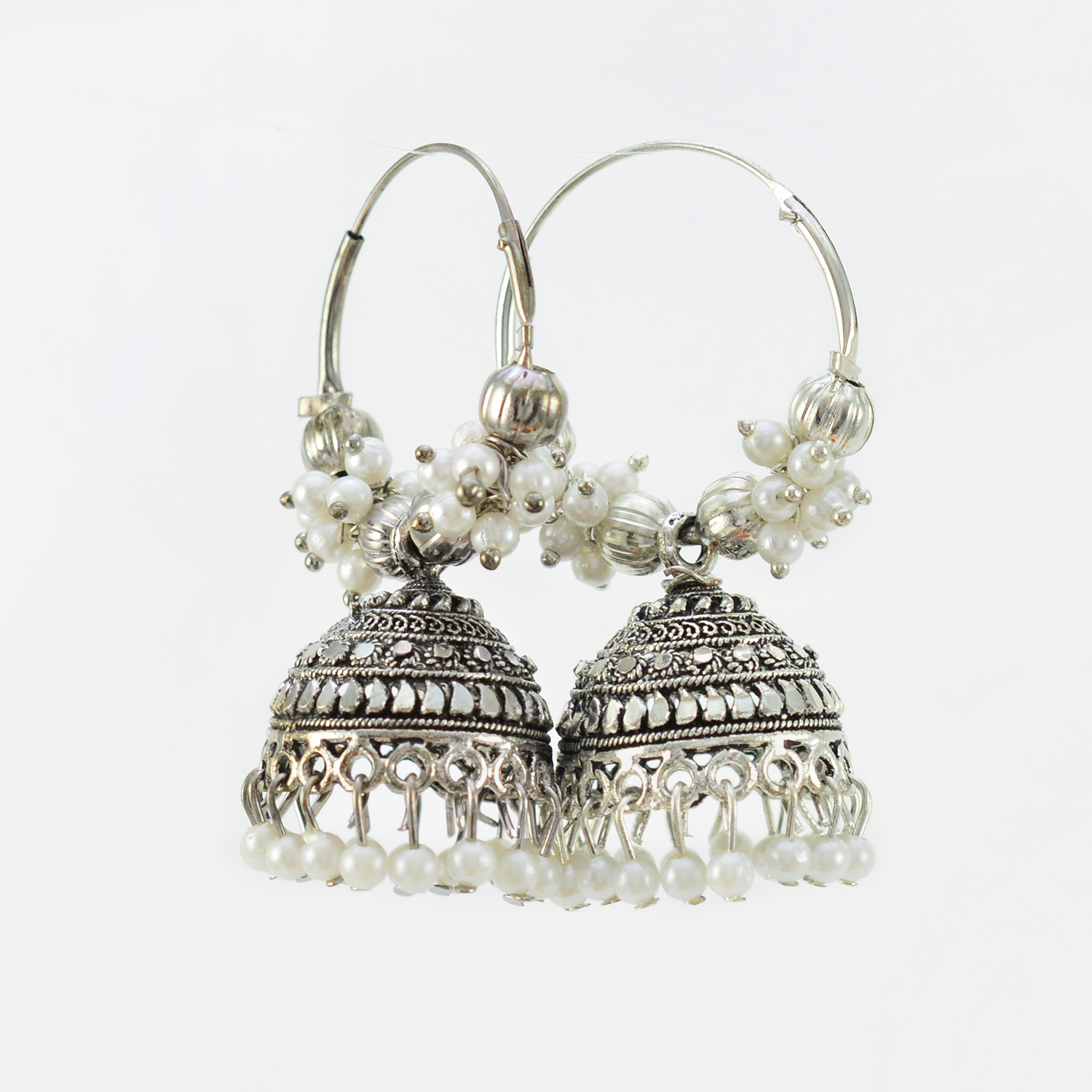 Dazzling Silver Color Jhumka Set With White Pearls