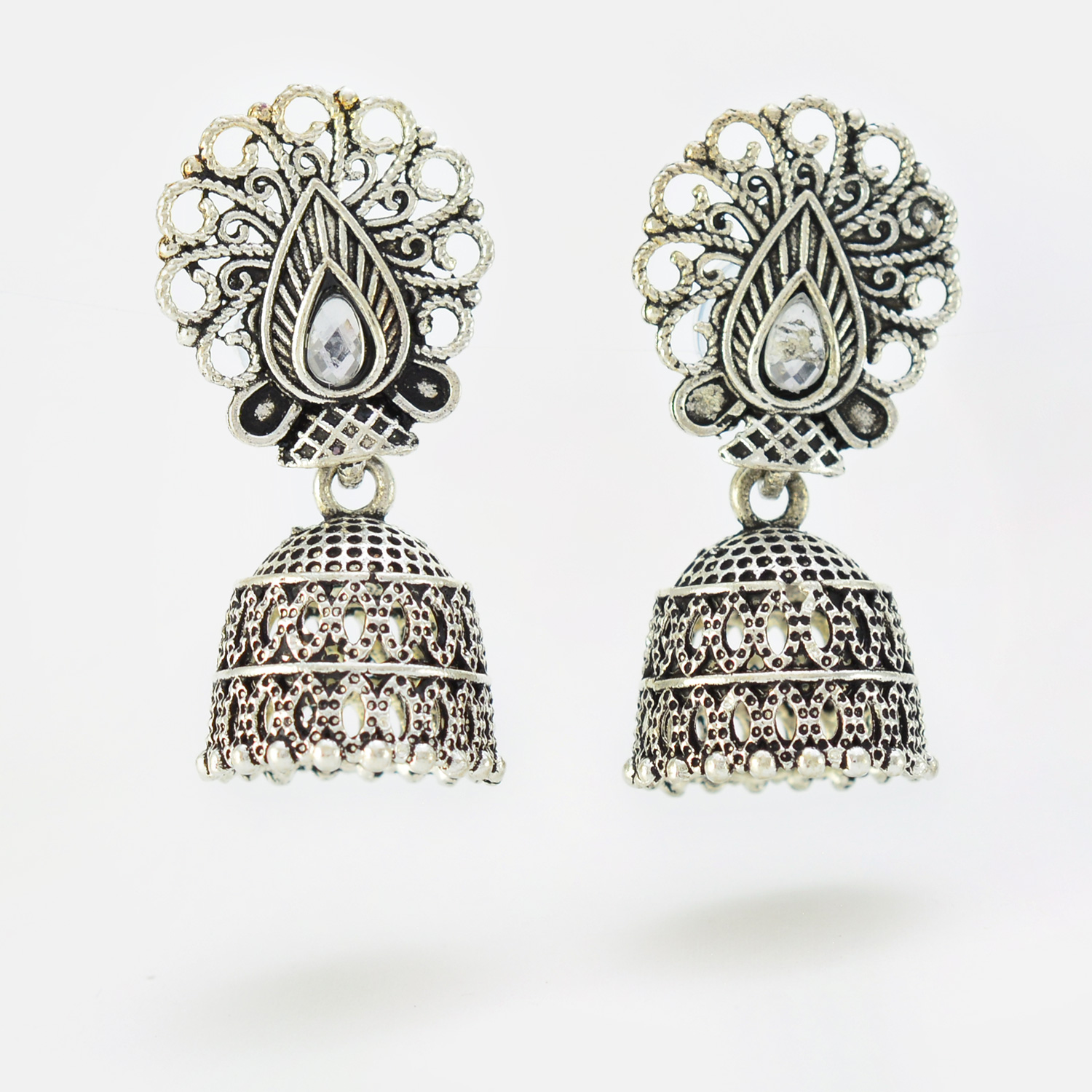 Good looking Silver Color Jhumka Set with Central Glass