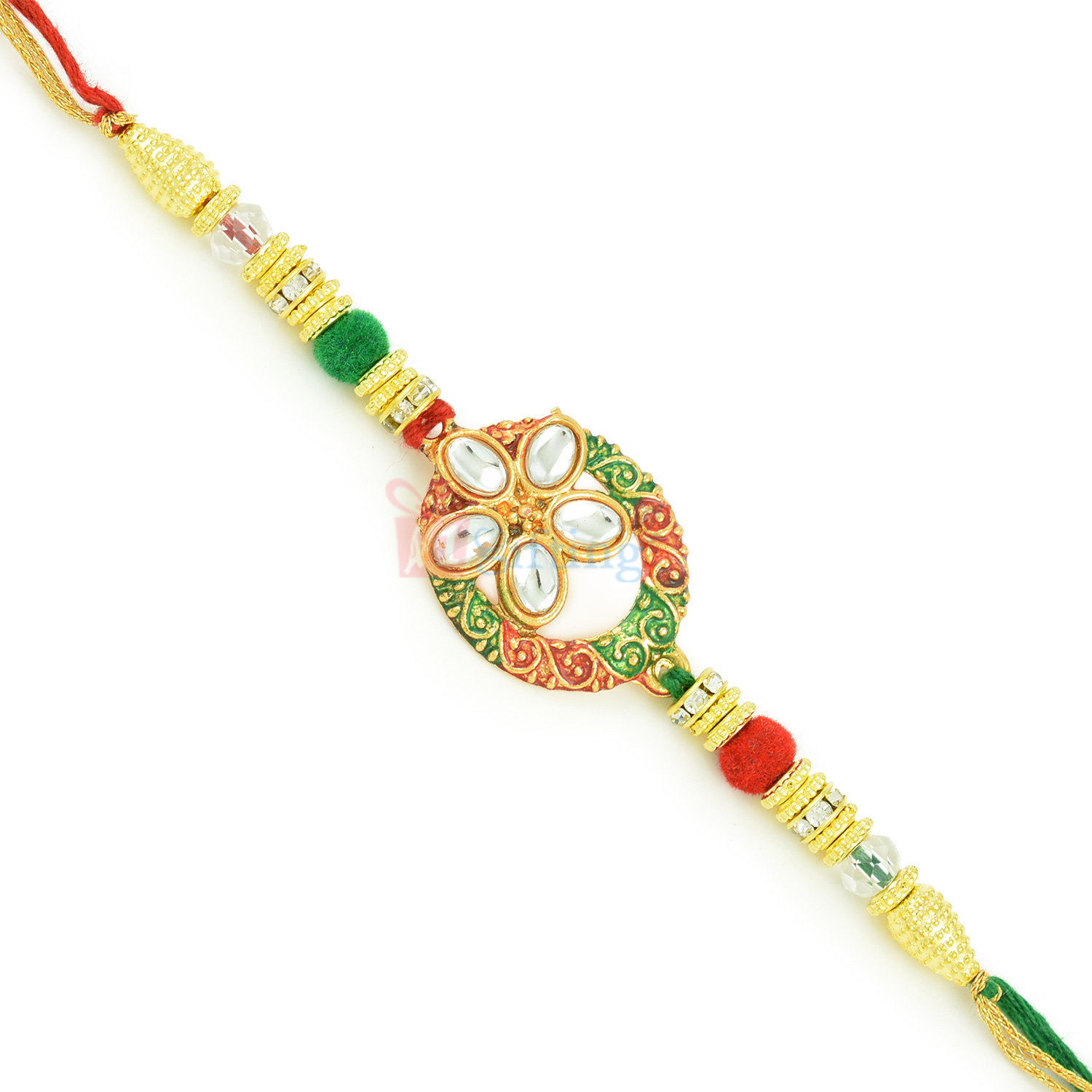 Beautiful Kundan Flower Antique Meenakari Beads Rakhi