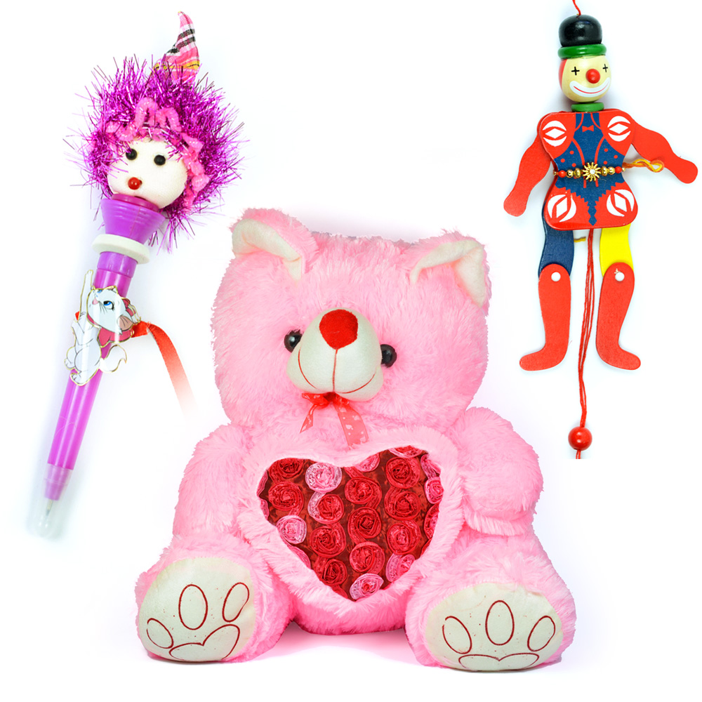 Pinky Heart Stuffed Teddy Bear Soft Toy with 2 Kids Rakhi