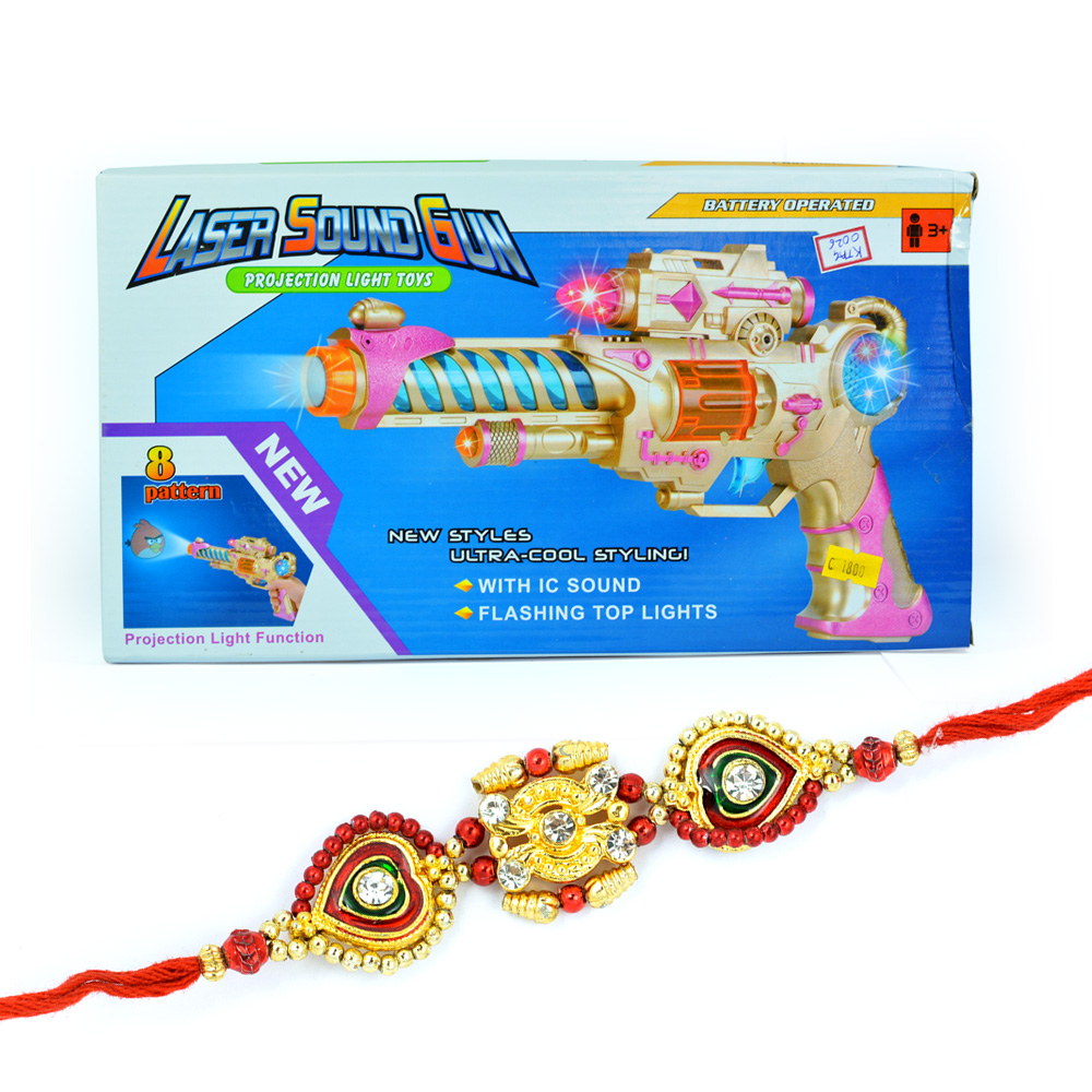 Laser Sound Gun-Kids Toy with Gloden Meenakari Rakhi for Brother