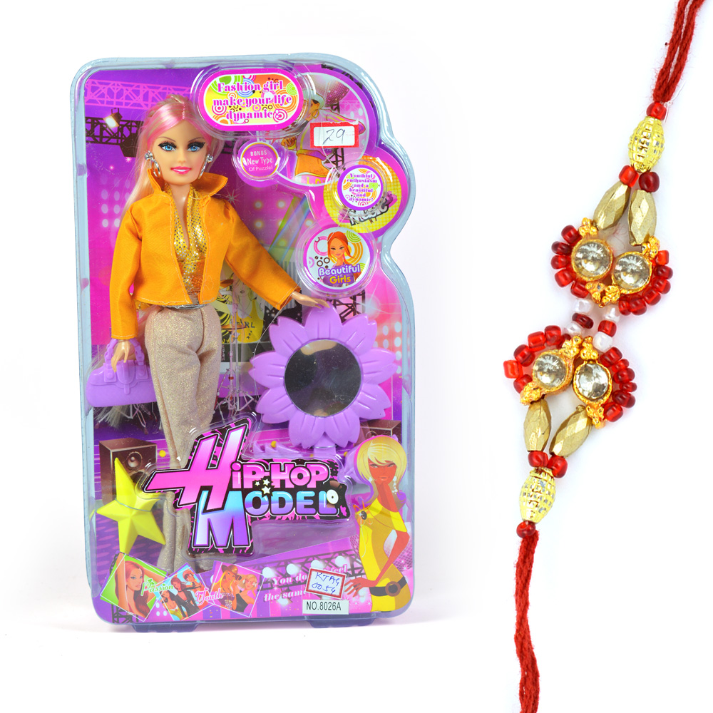 Hip-Hop Model-Doll with Golden Diamond Beads Rakhi 