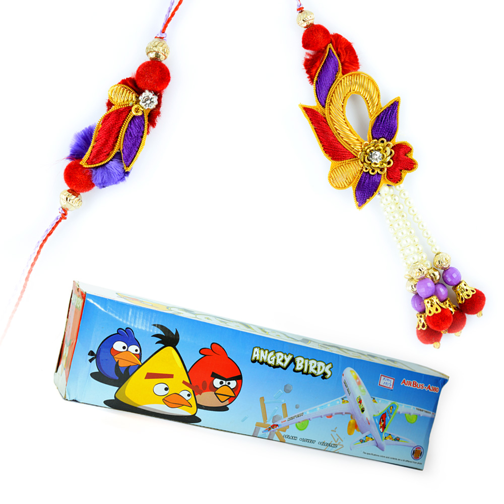 Angry Birds-Air Bus Toy n Handmade Zardosi Rakhis for Bhaiya Bhabhi
