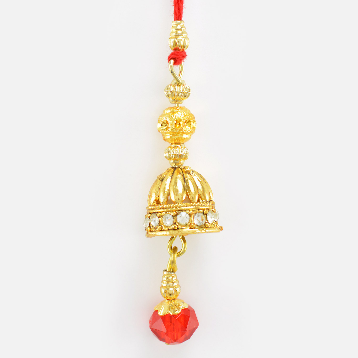 Golden Designer Diamond Lumba Rakhi with Red Crystal Glass