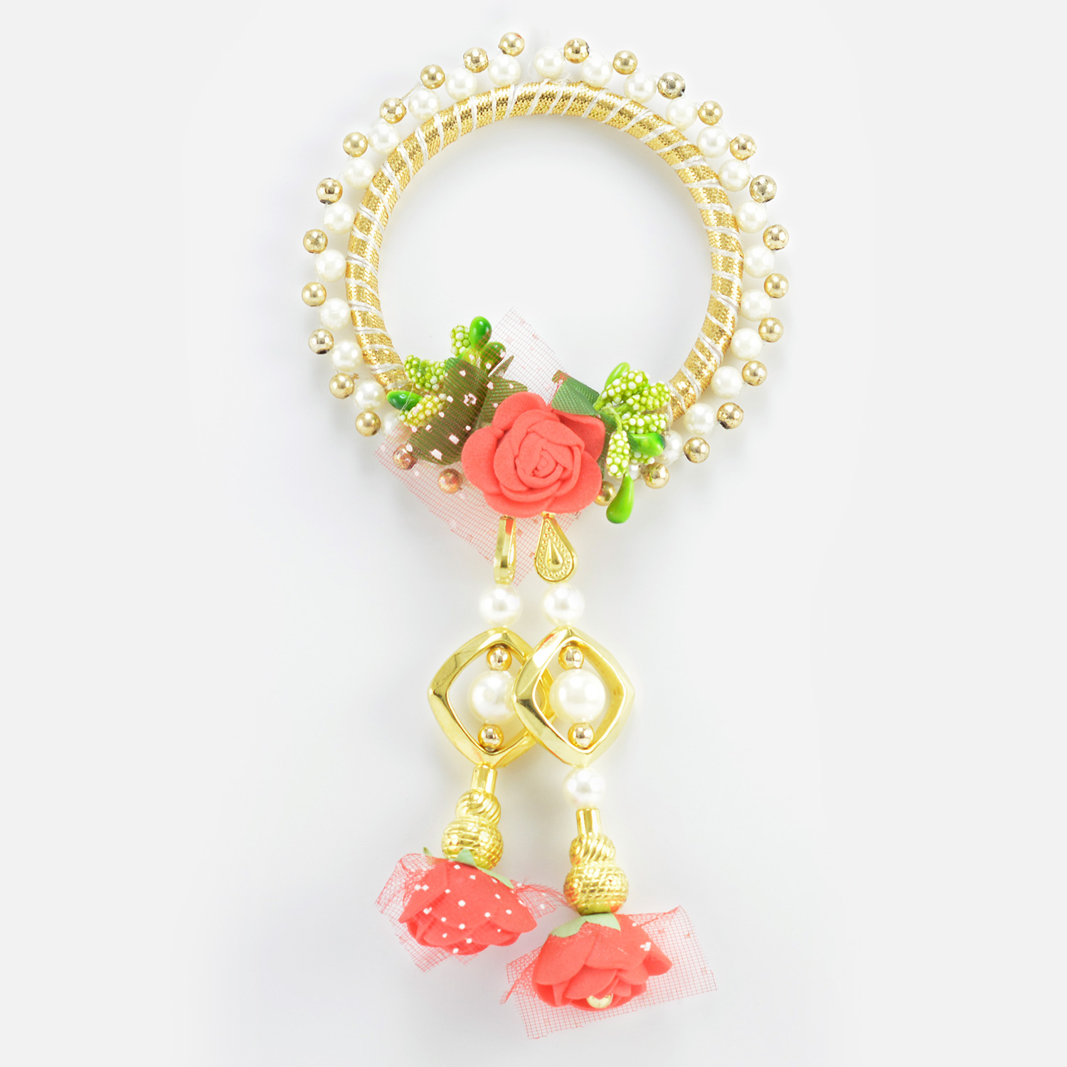 Beads Studded On Kada Type Rose Flower Lumba Rakhi 