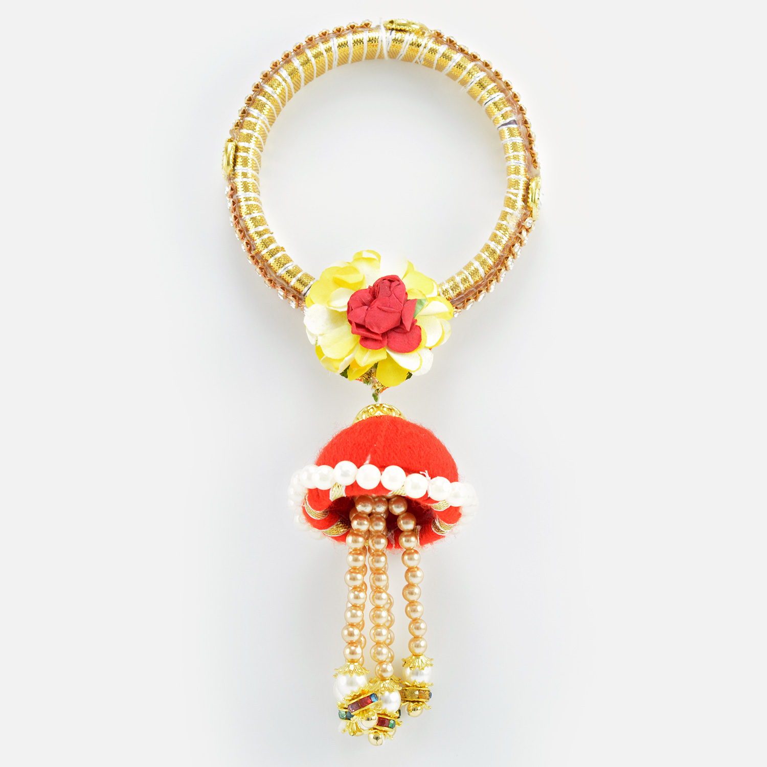 Flower Design Kada with Floating Beads and Pearl Stylish Lumba Rakhi