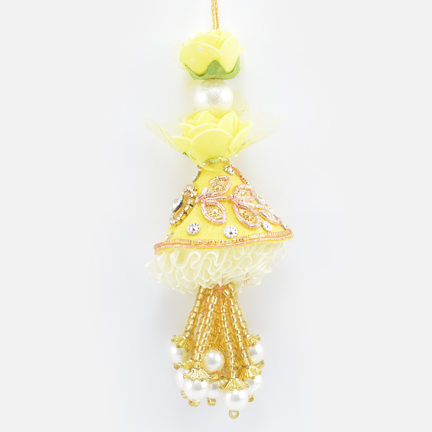 Flower Design Yellow Color Rich Work Hanging Beads Amazing Lumba Rakhi
