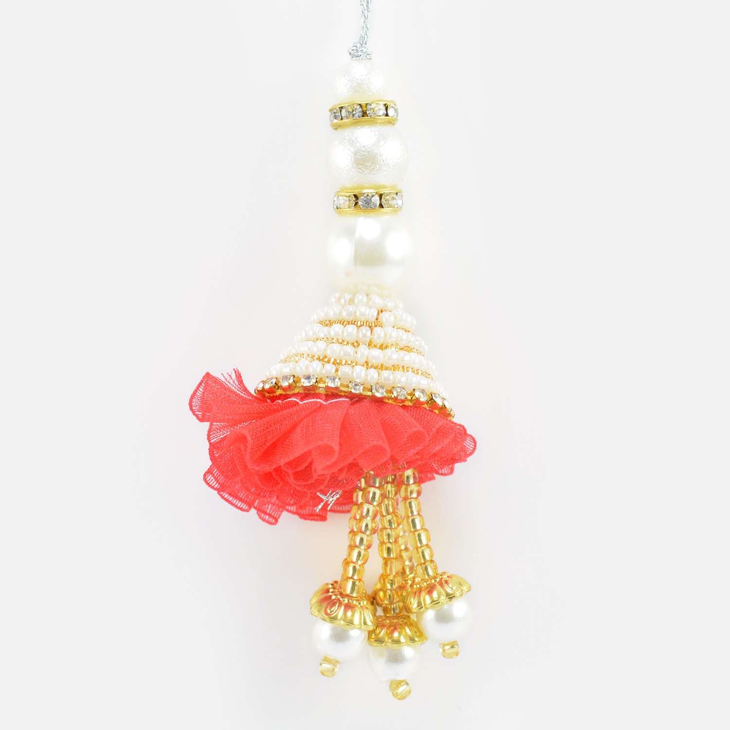 White Beads on Top and End Fine Work of Small Beads Red Color Lumba Rakhi