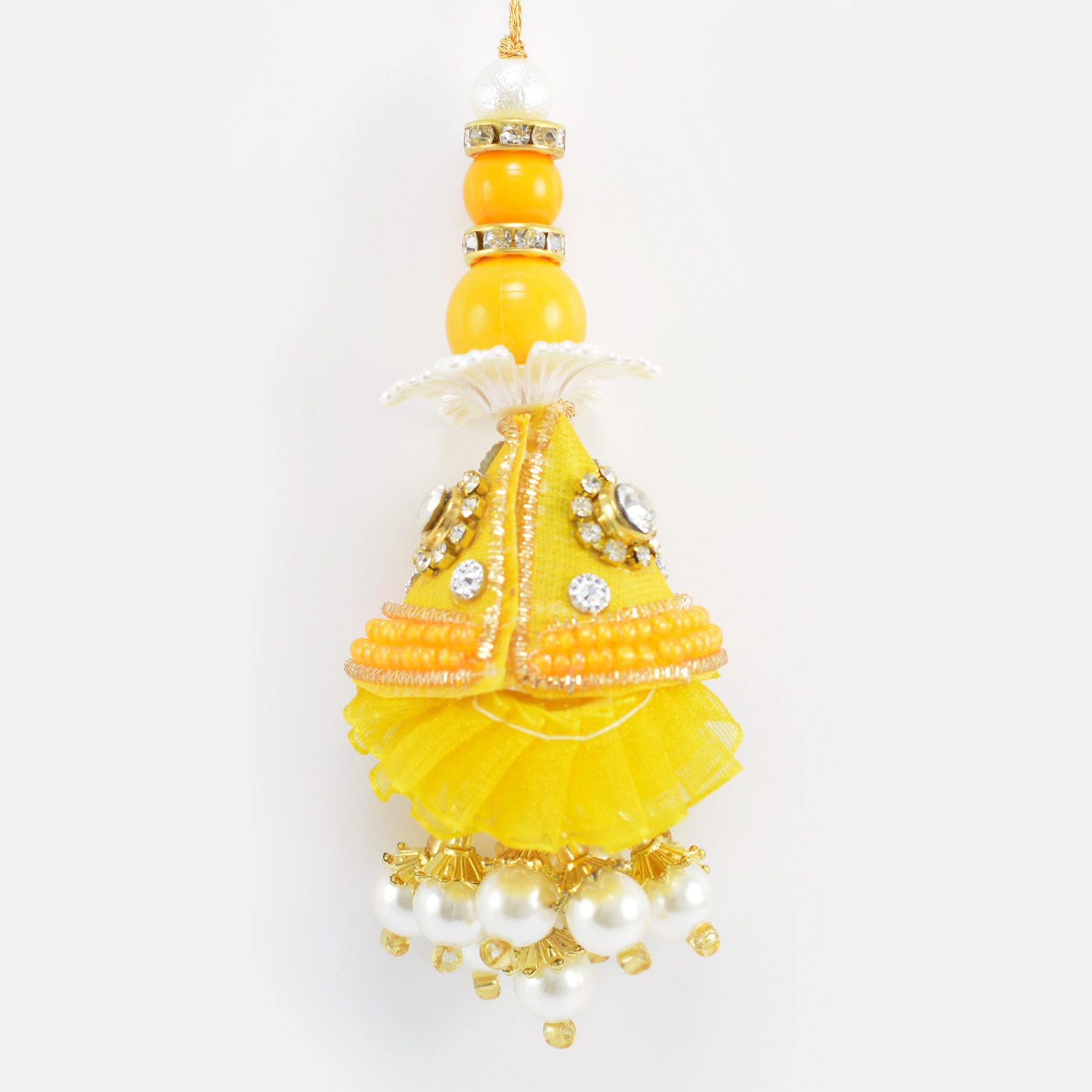Yellow Color Jewel Studded Lumba Rakhi with Hangine Beads