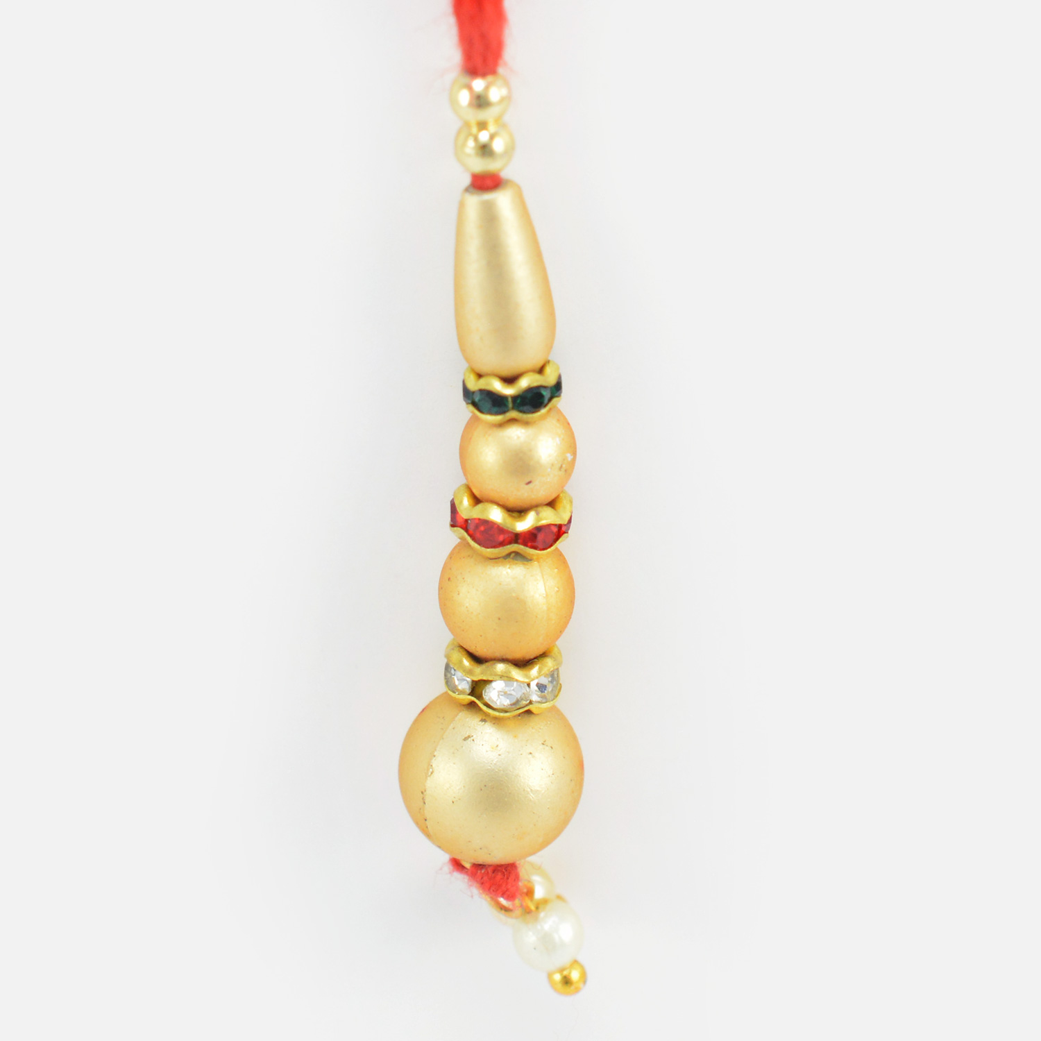 Golden Beads and Colored Jewel in Mauli Liner Lumba Rakhi