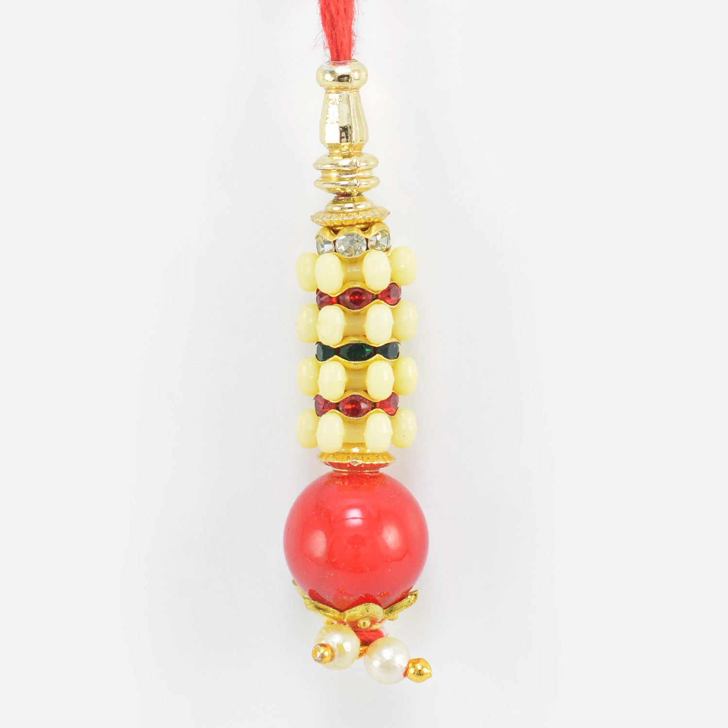 Colored Jewel Studded Between White Beads Jewel and Big Red Bead Lumba Rakhi for Bhabhi