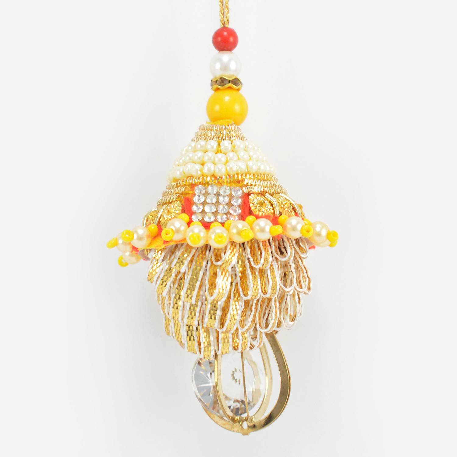 Handcrafted Rich Looking Yellow and Golden Color Diamond and Bead Lumba Rakhi