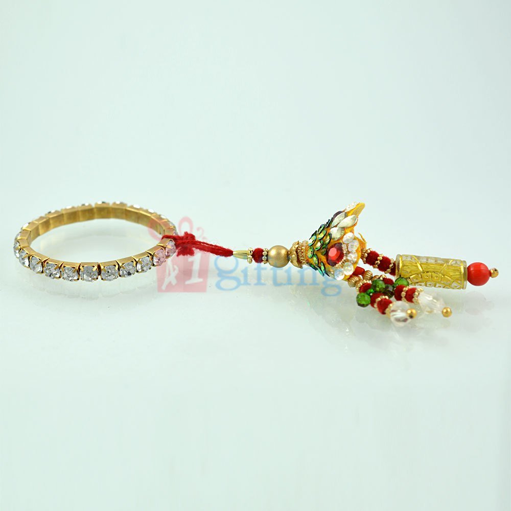 Eye Catching Diamond Bracelet Lumba Rakhi with Beads Work