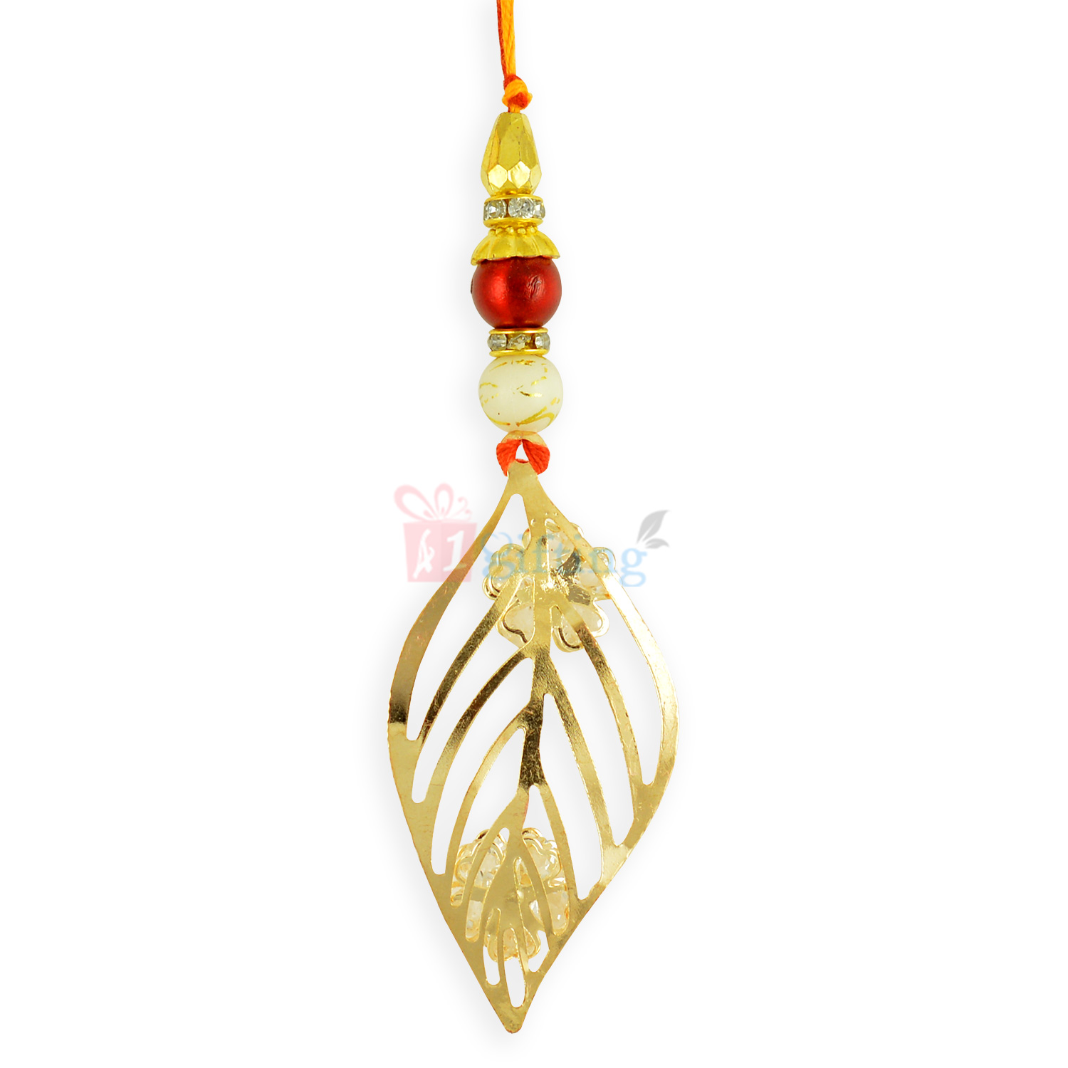 Golden Leafy Pattern Beads Lumba Rakhi for Bhabi