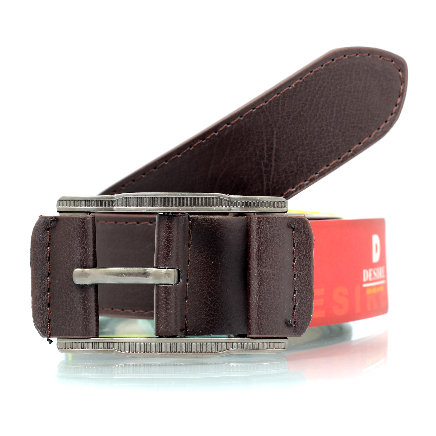 Double stitched brown genuine textured leather belt with designer buckle