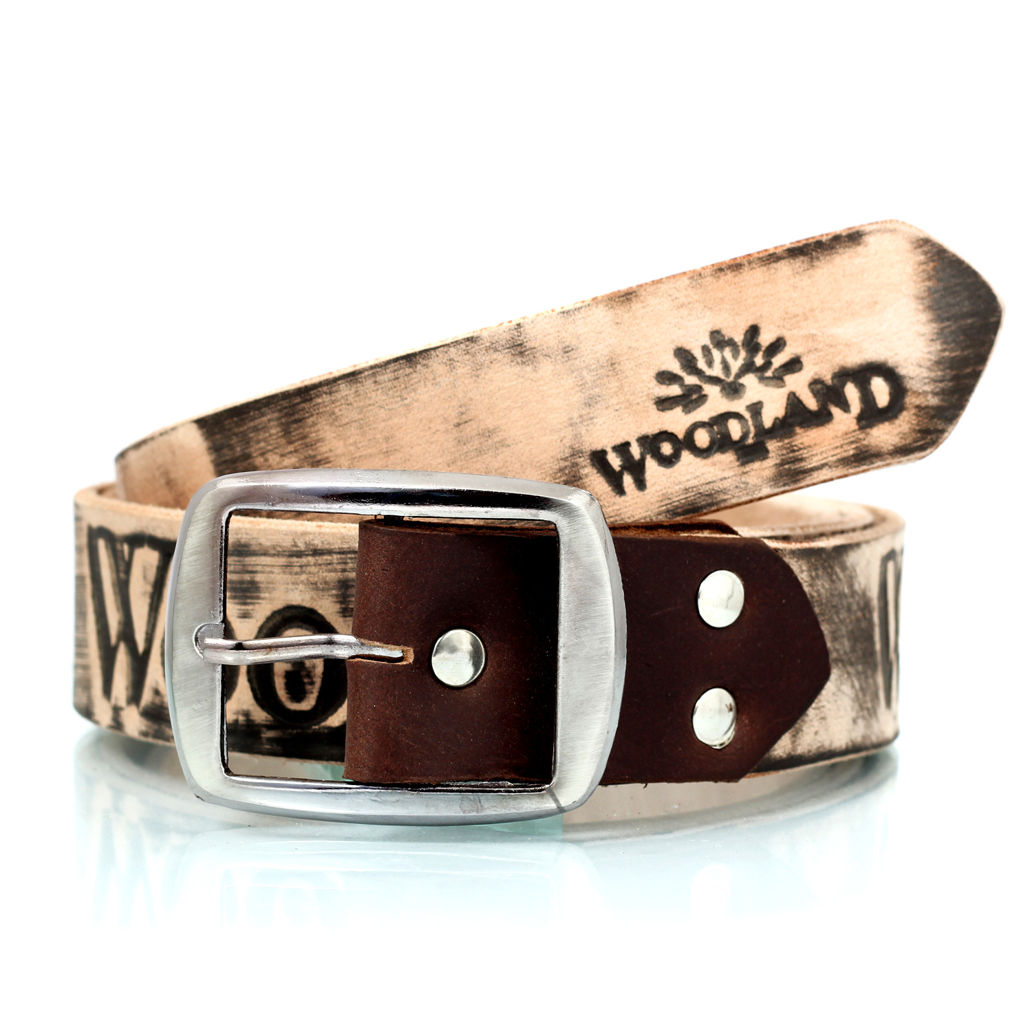 WOODLAND Printed Antique faded Design Leather Belt with round corner