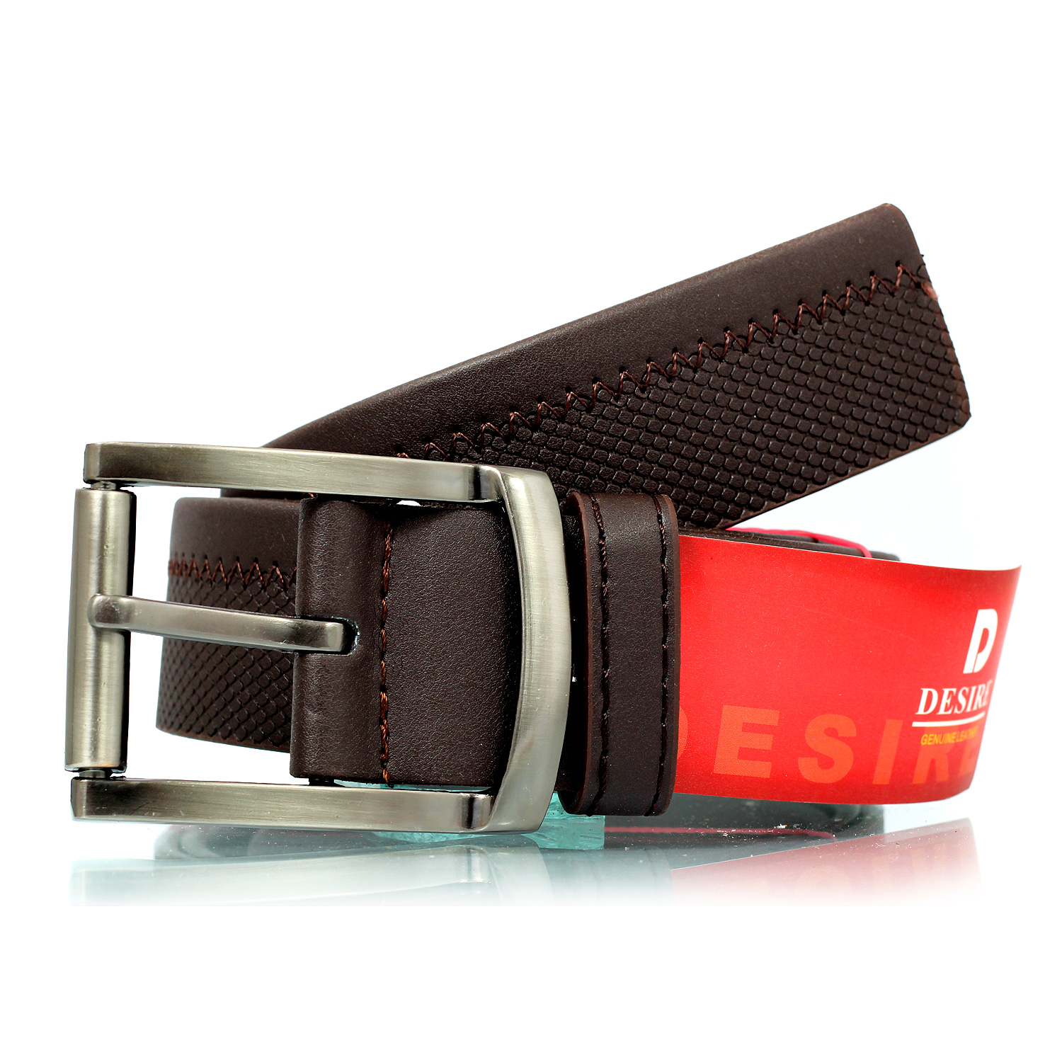 Metallic pin buckle with double textured hand stitched leather belt