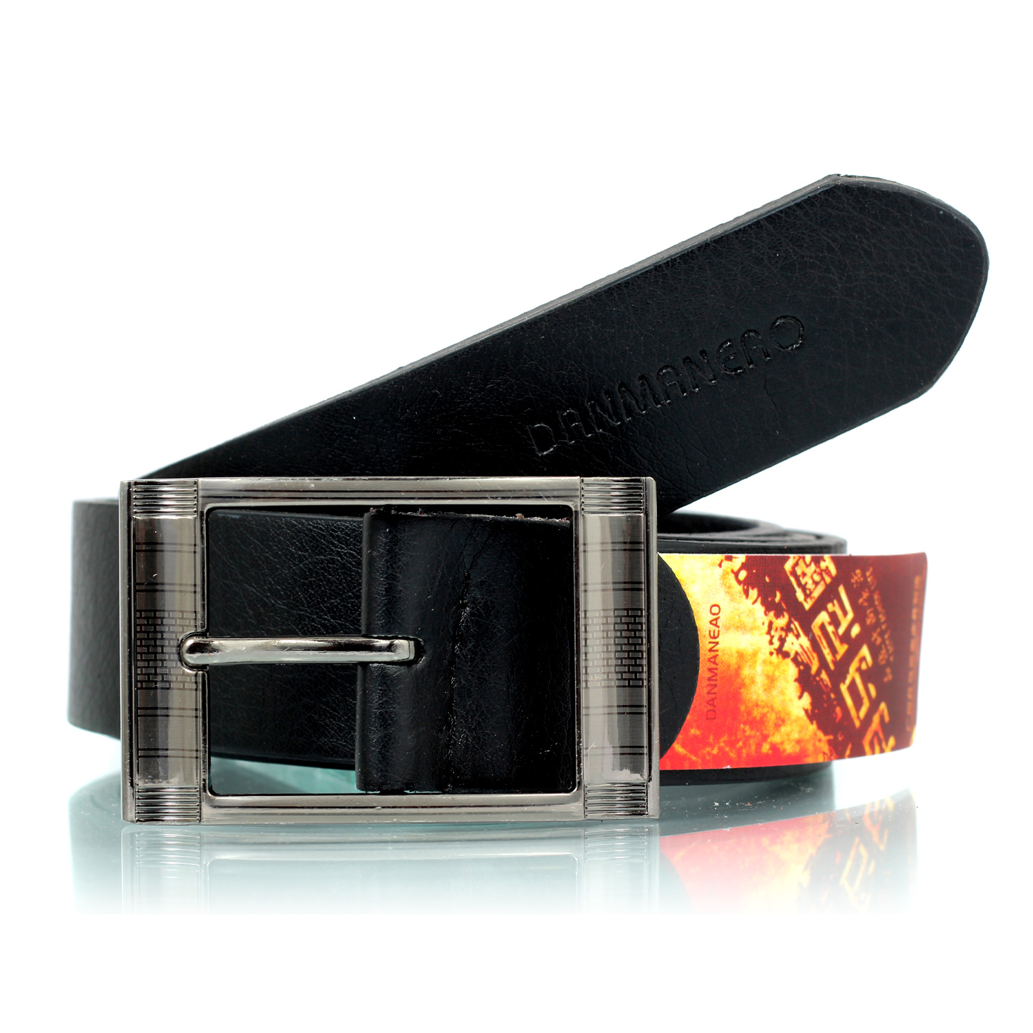 Curved metallic square buckle with royal black textured design belt