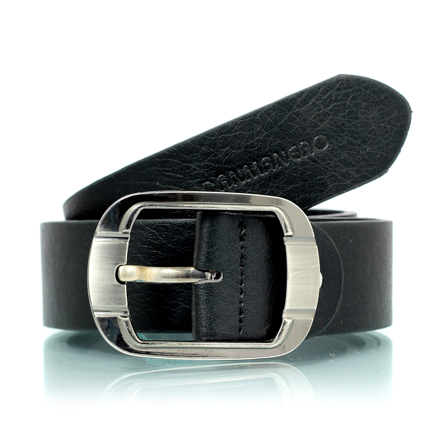 Round corner square stainless steel buckle with Armani textured leather belt